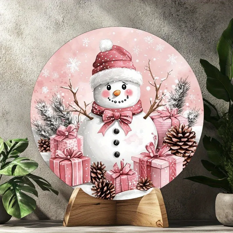 Aluminum Metal Flat Snowman Wreath Sign, Party Pack of 1pc, 2D Round Wall Decor with Pink Snowman & Gifts Theme, Christmas Decor