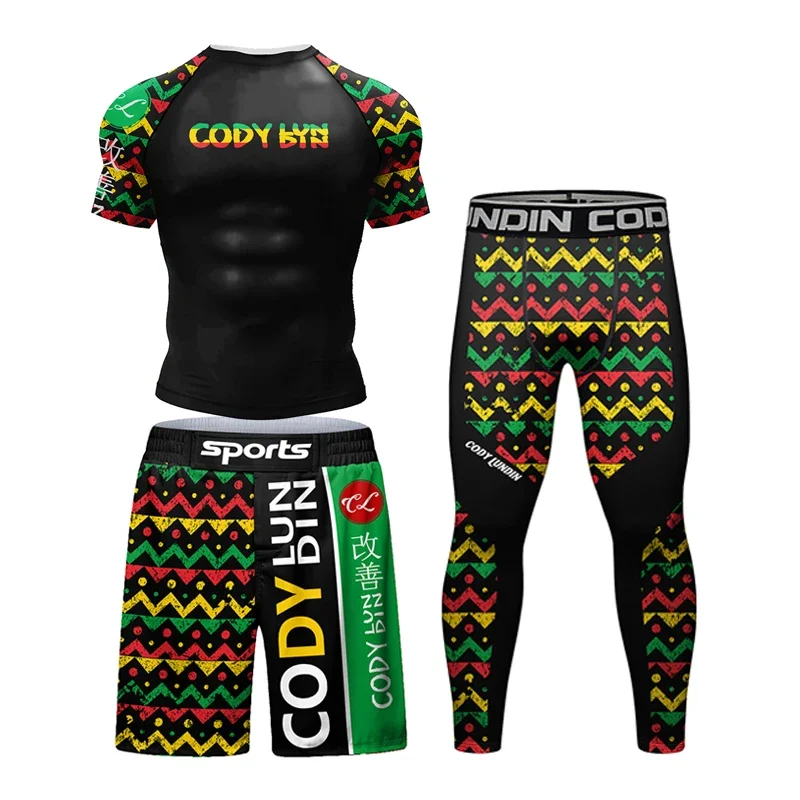 Rashguard Grappling Jiu Jitsu MMA t-shirt + spodnie męskie sportowe 4 sztuk/zestaw Bjj koszulki bokserskie na siłownię odzież MMA spodenki Boxeo