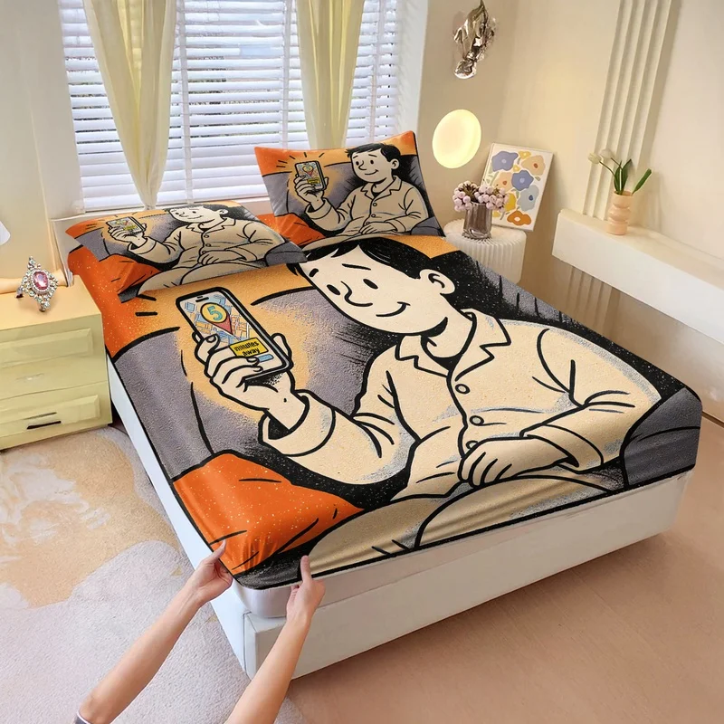 NowBoarding Cozy Fitted Sheet Set Casual Pajama People Sofa Print Bed Sheet Sets Cartoon Elastic Deep Pocket Bed Home Decor Gift
