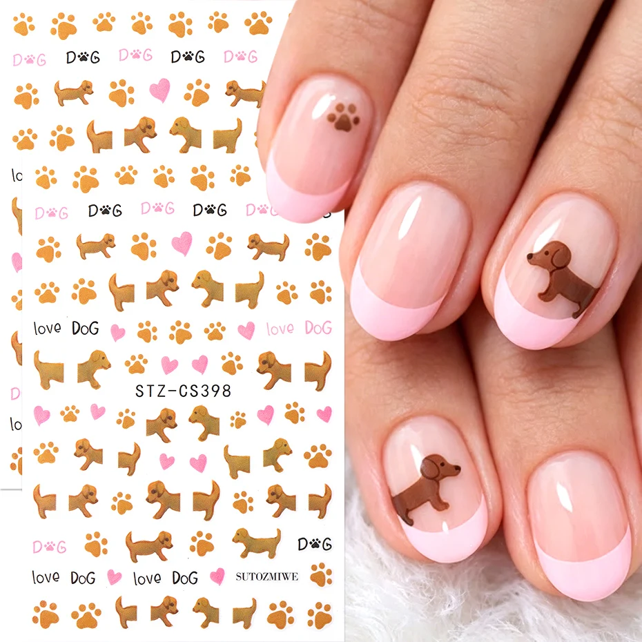Hundepfoten Rosa Herz Nagelkunst-Aufkleber Cartoon-Welpen Niedliche Hunde-Buchstaben Süße Nagelsticker Selbstklebende Slider DIY Nagelzubehör