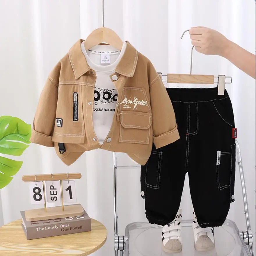 

Korean Style Tracksuits for Kids Baby Clothes Printed Casual Pocket Cargo Jackets T-shirts Pants 3Pcs Boys Costume Tracksuits