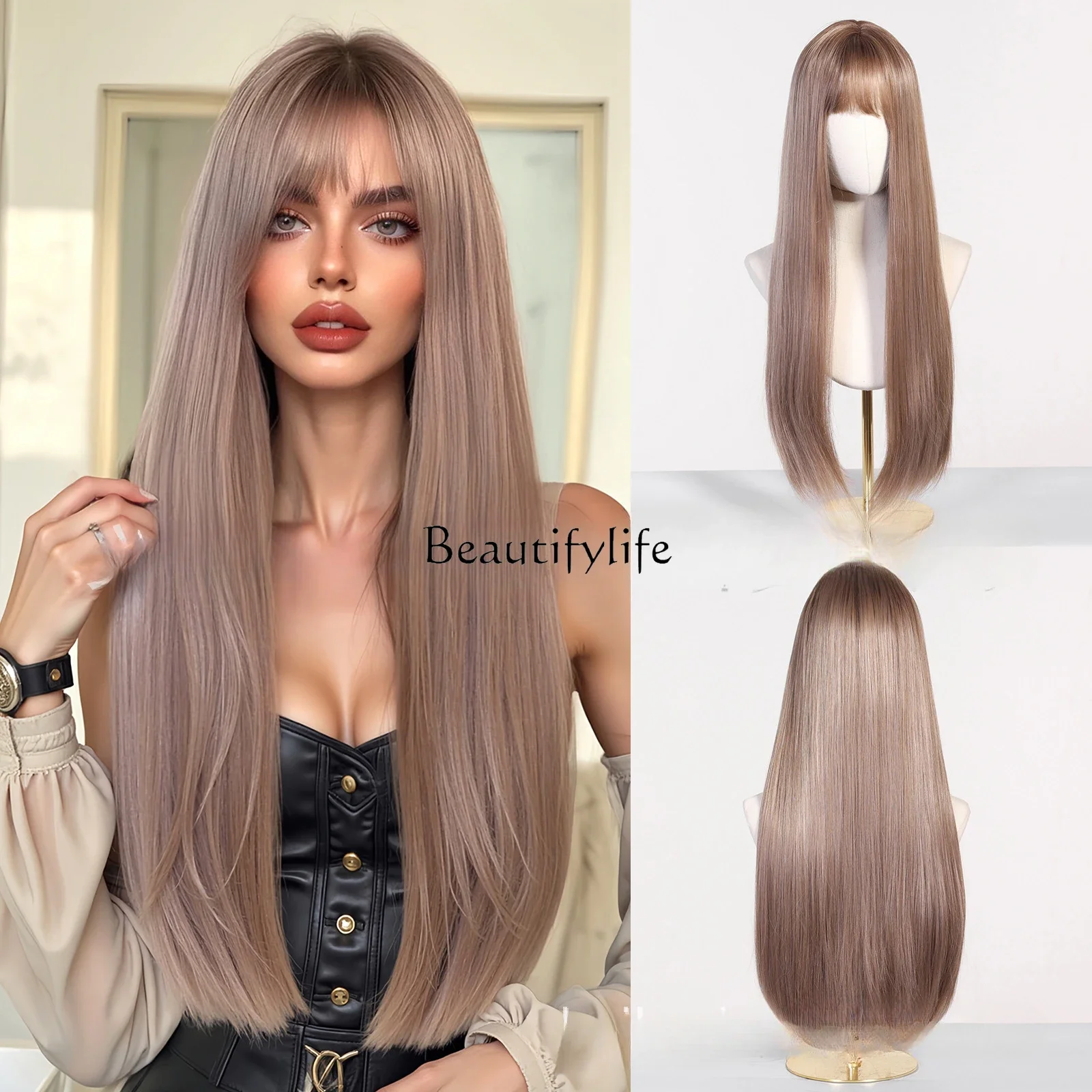 

Wig female full headgear brown bangs long straight hair high temperature silk