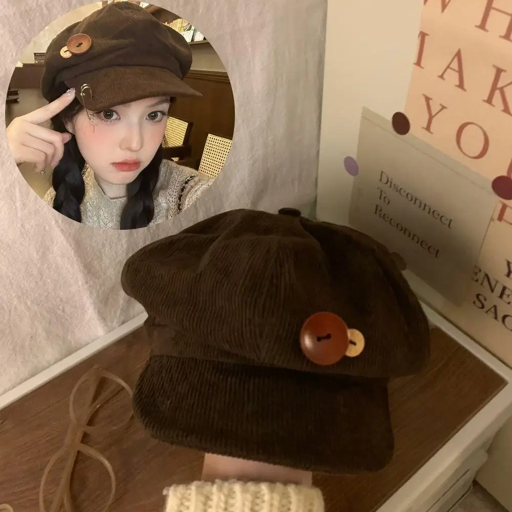 Boina de pana con doble botón, gorro de periódico para mujeres y niñas, gorros octogonales cálidos a prueba de viento para otoño e invierno, sombrero de pintor coreano informal