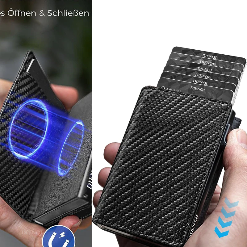 

Кошелек из карбонового волокна с защитой от RFID, магнитным креплением, тройным сложением, отделением для монет, автоматическим выдвижным механизмом для банковских карт, чехол-кошелек для мужчин