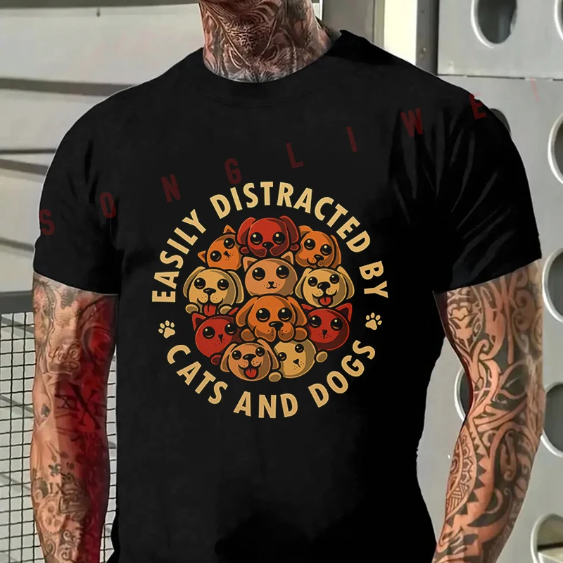 

Easily Distracted By Cats And Dogs Design Moto T-Shirt Men's Summer Casual Fashion Short Sleeve Tshirt Tops Tee