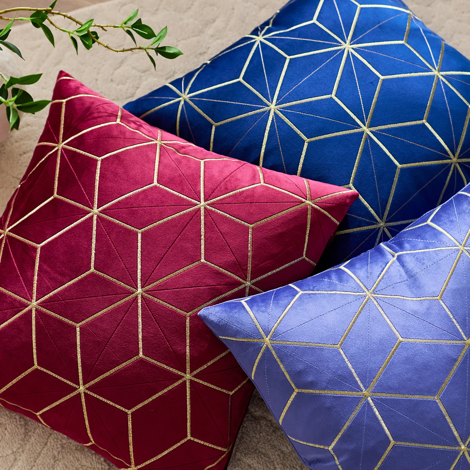 Red Gift Geometric Velvet Throw Pillow Cover 18 X 18 Inch, Gold Plaid Embroidery Modern Square Decorative Pillow Cover Christmas