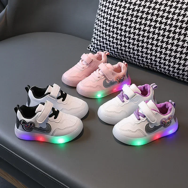 

Disney Mickey Mouse Spring Autumn Children Casual Shoes Sports Board Shoes Boys Girls Lighting Luminous Shoelace Light Sneakers