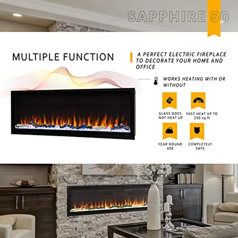 Sapphire Electric Fireplace with Various Flame Color Combinations Recessed Installation Remote Control Faux Log Set Included