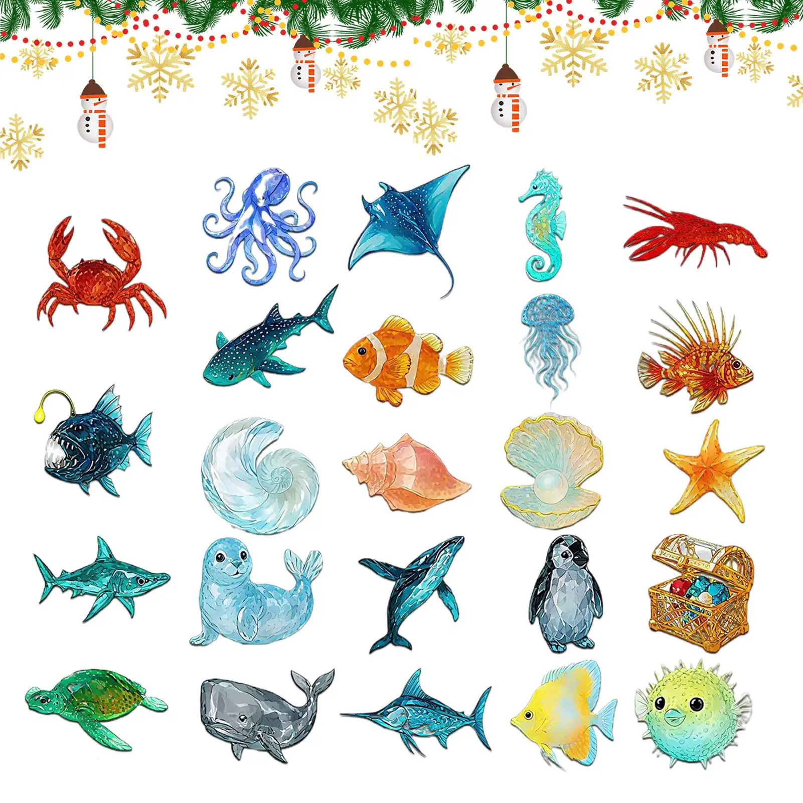 Weihnachtskalender, 2D-Acryl-Ornament, Meerethema, 24-Tage-Weihnachts-Countdown-Figuren für Feiertage, saisonale Halloween