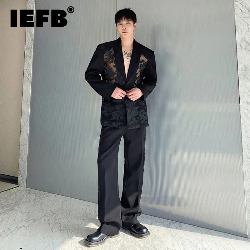 

IEFB Personalized Jacquard Suit Straight Leg Pants Trend Twopiece Set Summer Shirt Menwear Turn-down Collar Long Sleeve 9C5265