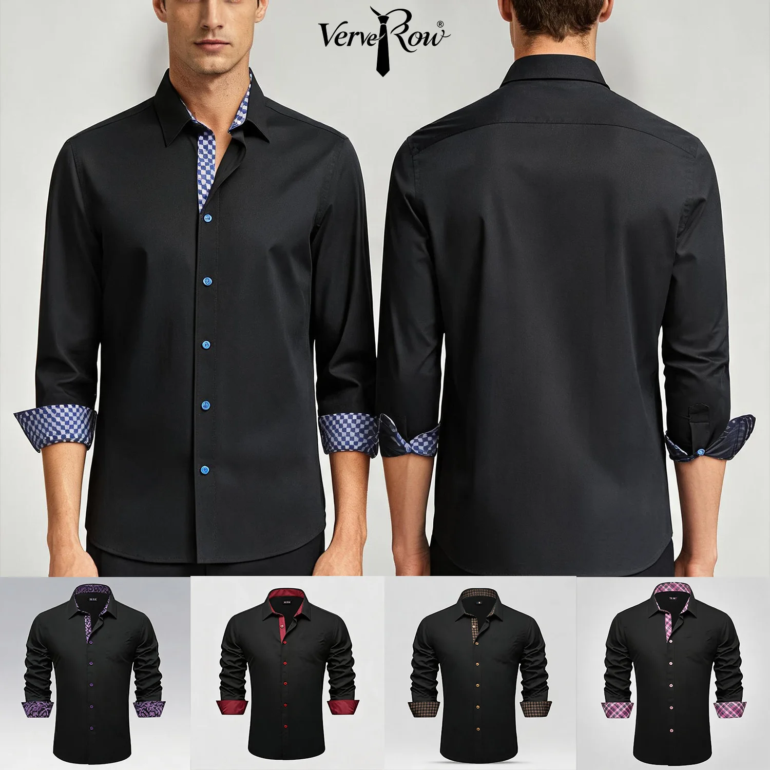 Soft Solid LS Plaid Collar Cuff Patch Shirts Black or Dark Gray Daily Office Casual Button Wear Tops