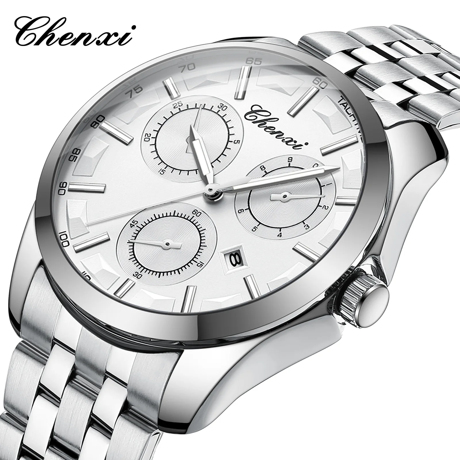 

CHENXI 024B Men Quartz Watch Fashion Business Silvery Stainless Steel Strap Clock Calendar Analog Display Wristwatch for Male