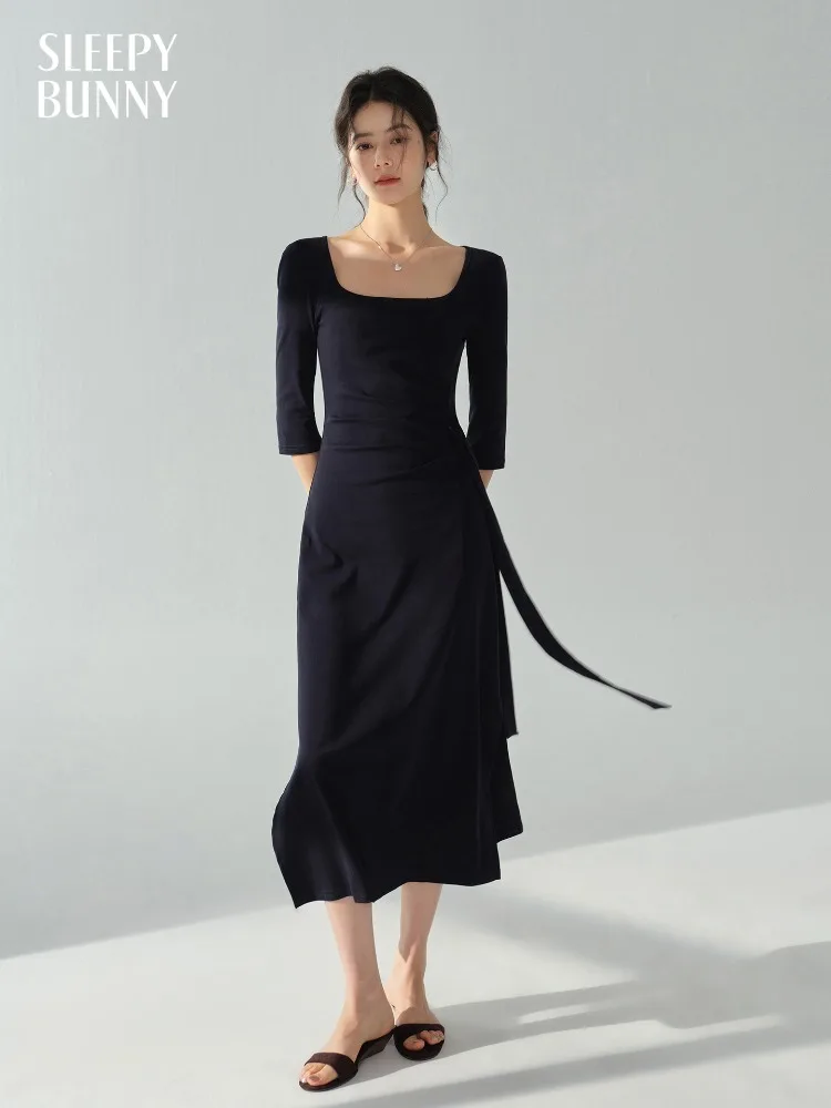 

Elegant Vintage French Square Neck Midi Dress Autumn High Waist Slim Split Long Dress Sophisticated Tea Break Style Outfit Women