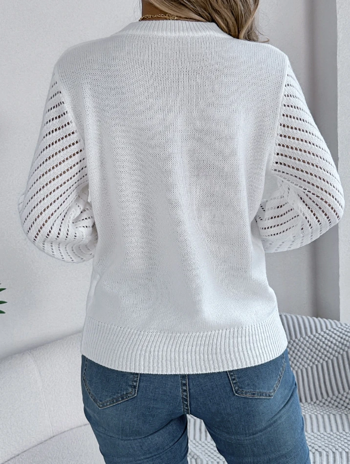 Casual solid color round neck hollowed out lantern sleeve sweater