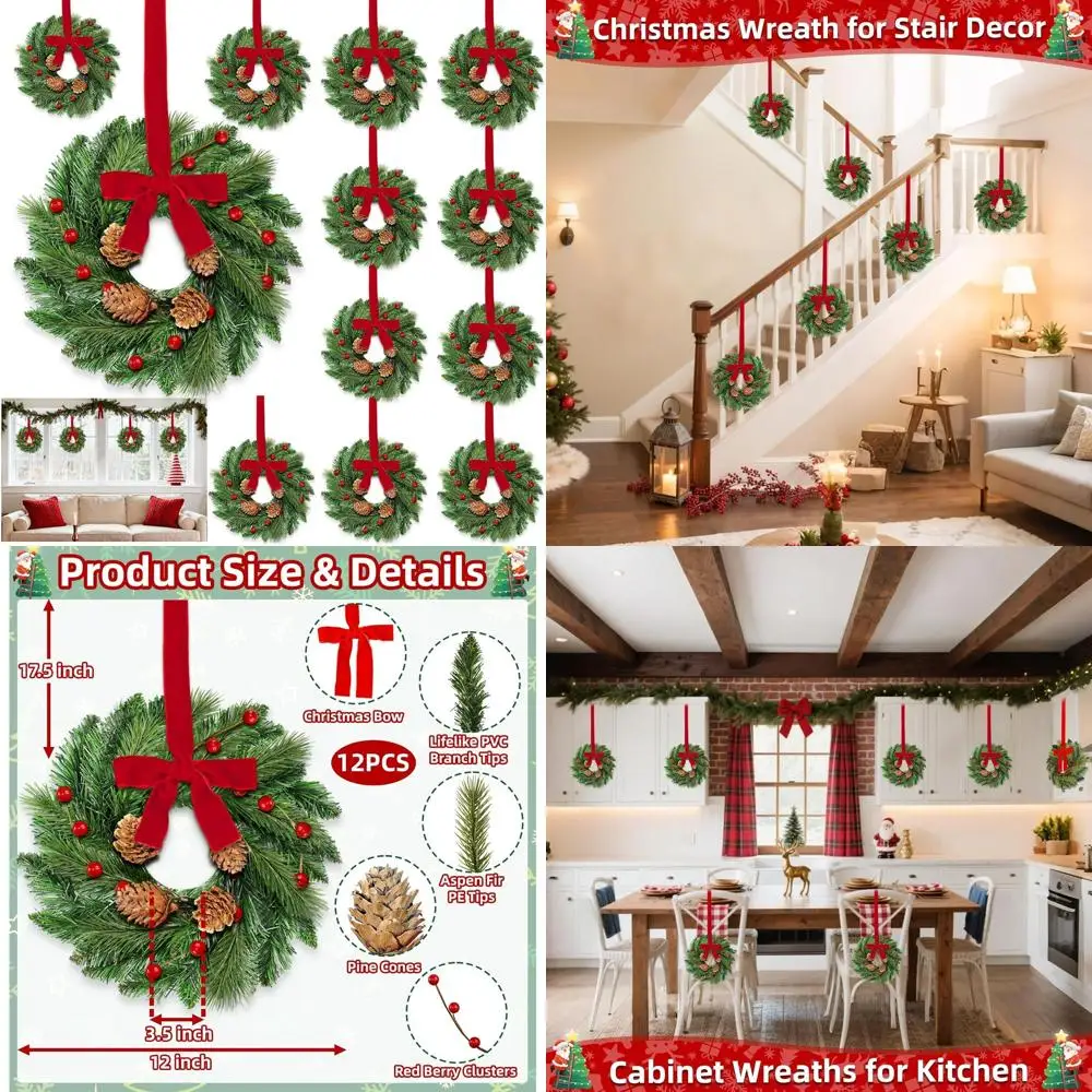 

Набор из 12 12-дюймовых рождественских венков с реалистичными наконечниками из сосны, аспира и яжи, красными ягодами и бантами для кухонных шкафов и в помещении.