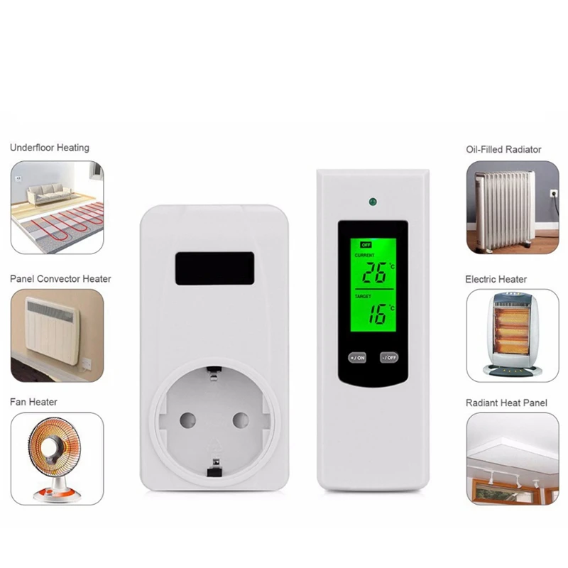 Temperature Wireless Thermostat Heating Socket And Remote Controller Plastic EU Plug