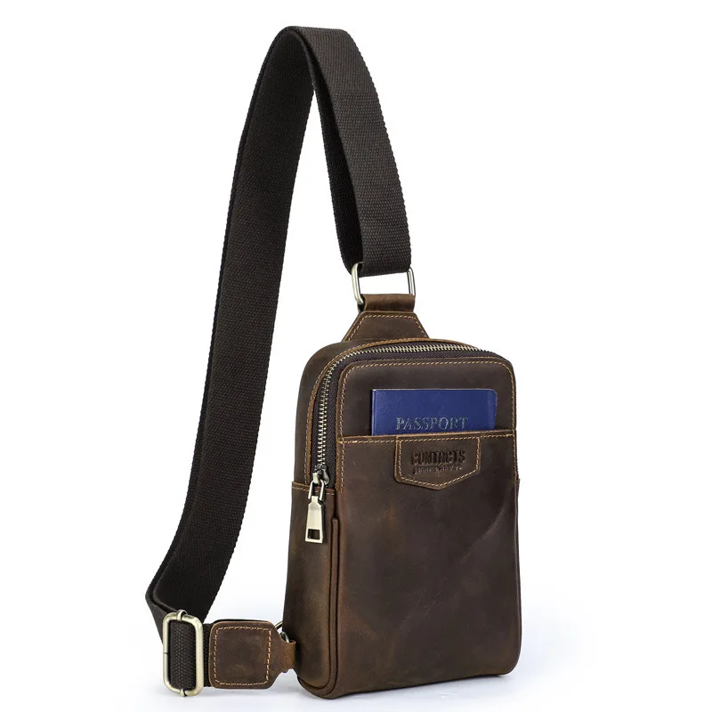 British Style Top Layer Cowhide Fashion Casual Crossbody Outdoor Travel Trend Mens Chest Bag Large Capacity Bag Men Shoulder Bag