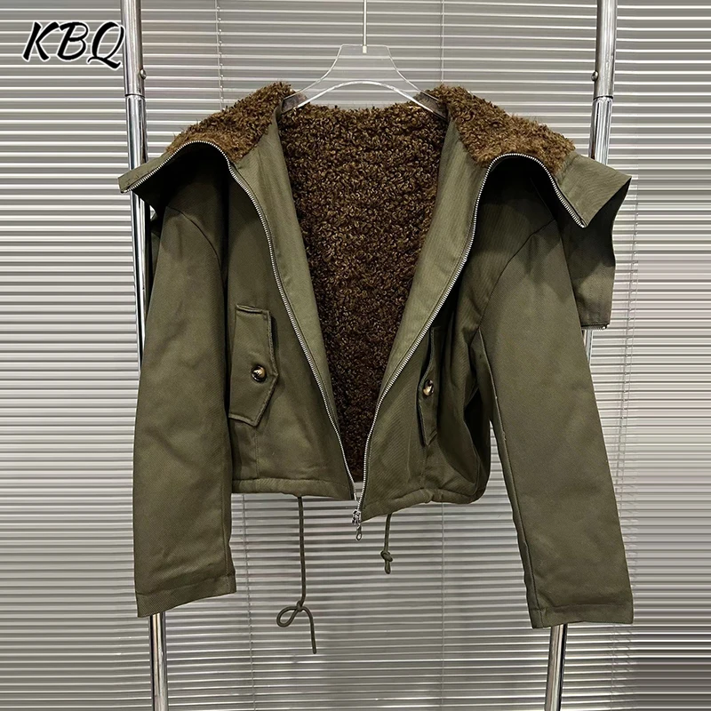 KBQ 2025 Inverno New American Street Cappotti retrò per le donne Colletto blu scuro Cerniera Giacca corta con cappuccio Moda invernale femminile Stye Nuovo