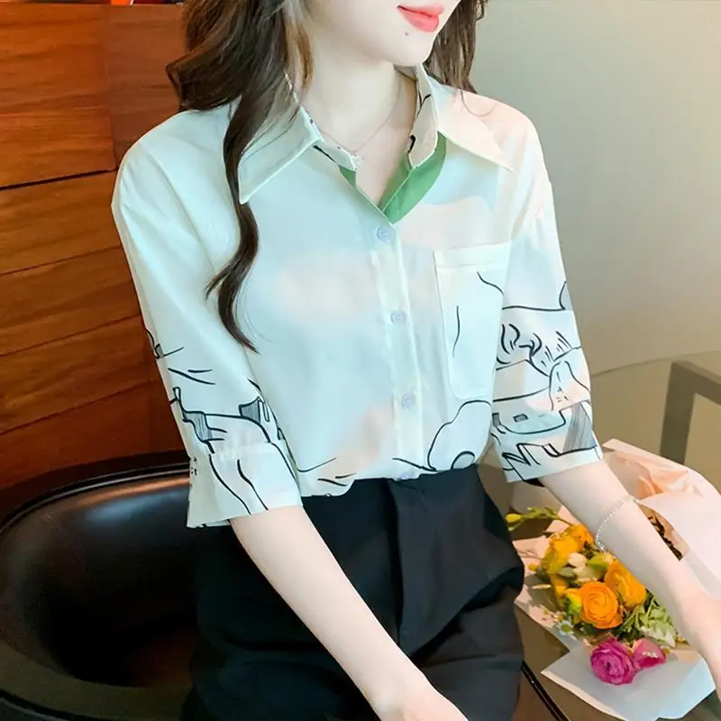 Women Summer Korean Loose Printing Temperament Polo-Neck Short Sleeve Shirts Women Clothes Casual All-match Appear Thin Top Tee