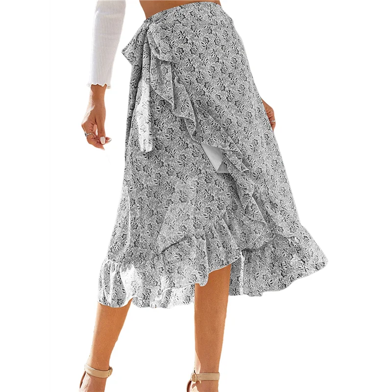 

CYL-Women's Boho Floral Print Wrap Front Self Tie Knot Ruffle Hem Split Midi Skirt