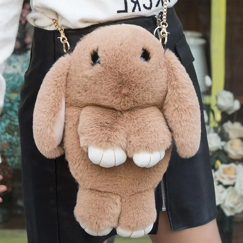 Lovely Fluffy Rabbit Fur Pom Poms Chain Bag Women Cartoon Rabbit Sling Bag Fluffy Bunny Shoulder Plush Backpack Girl Gifts