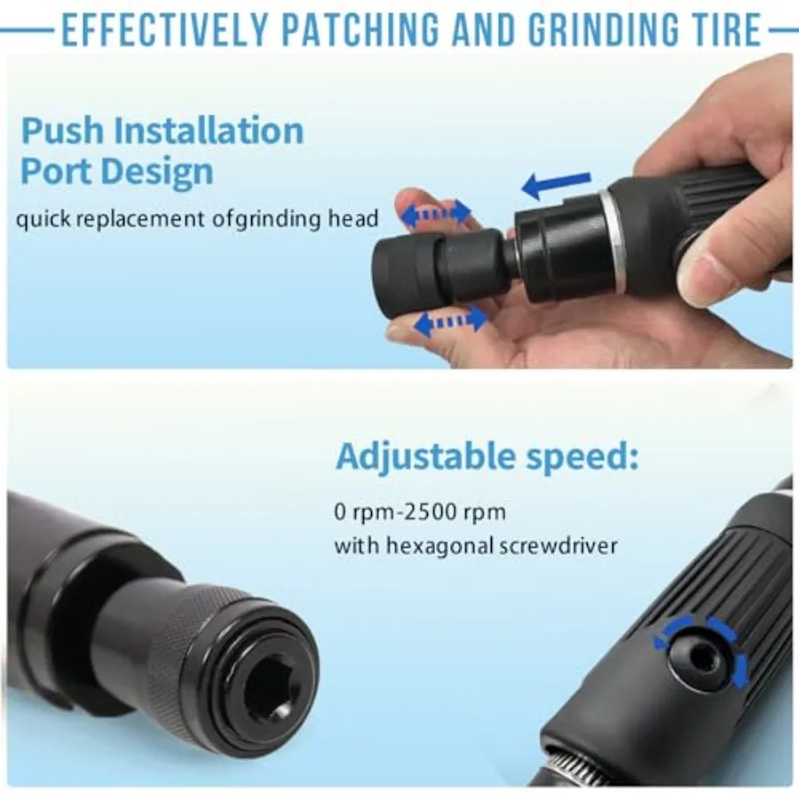 Air Tire Repair and Polish Patch Kit with 2500 RPM Tire Buffer Inner Liner Scraper Patch Roller Durable Buffing Wheel for Tire