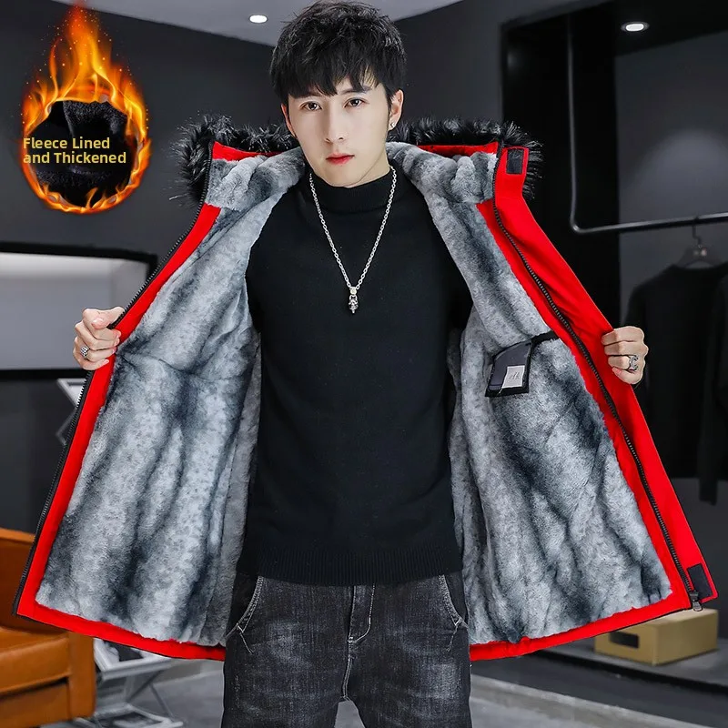 

2024 Winter Thiened Fce Men's Jaet Trendy Korean Sle Youth Windbreaker Mid-Length Hooded Cotton Coat Casual Wear