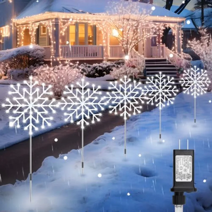 

Outdoor snowflake pathway lights for yard, sidewalk, driveway: 10 large cool-white LED snowflakes with weatherproof plastic sta