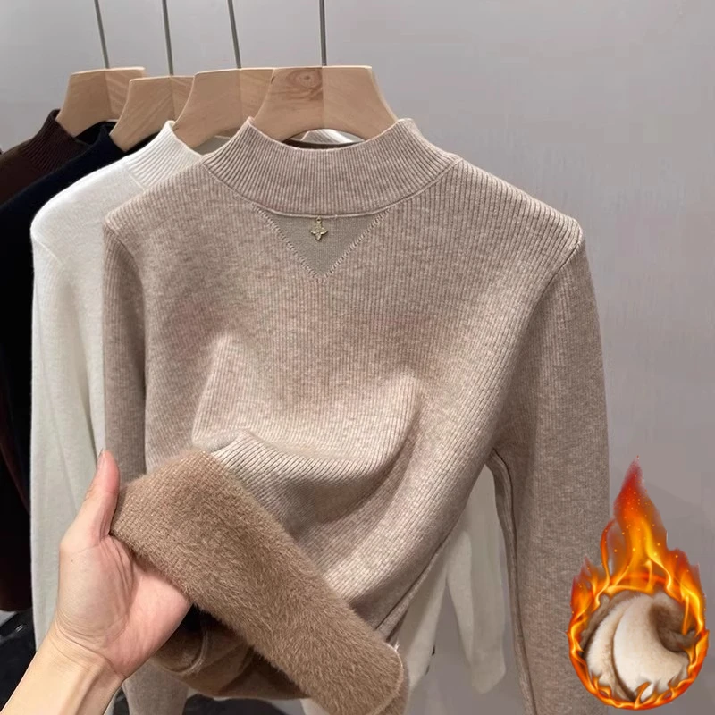 Zjaiss 2025 الخريف الشتاء الدافئة قاعدة طبقة المرأة صوف مبطن سميكة محبوك سترة قطعة واحدة الصوف بلوفر مغزول #5