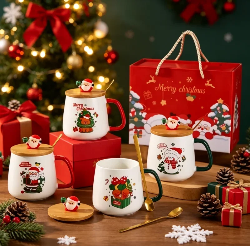 Practical Ceramic Coffee Mug Gift Set with Lid Spoon Premium Christmas Holiday Gift Cartoon Santa Claus Creative Idea Gift Box