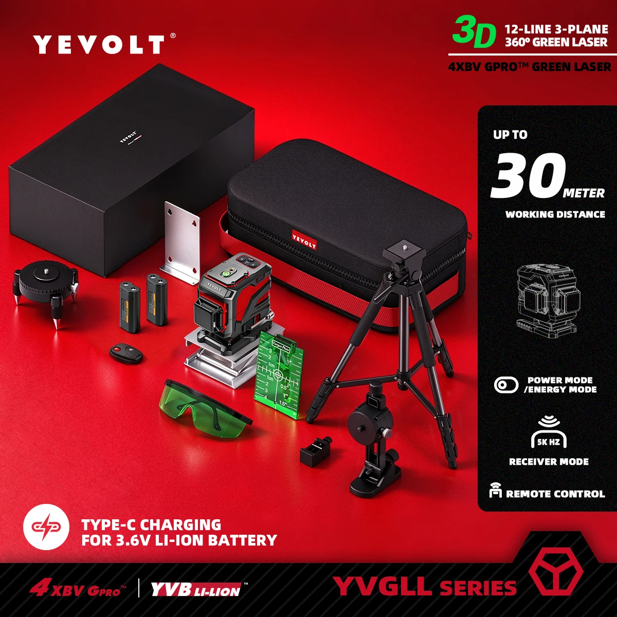 YEVOLT Green 12‑Line 3D 360° Self‑Level Laser Level for Household DIY Sunroom Wall Decor Flooring Trim Wall Lamp Mounting Work
