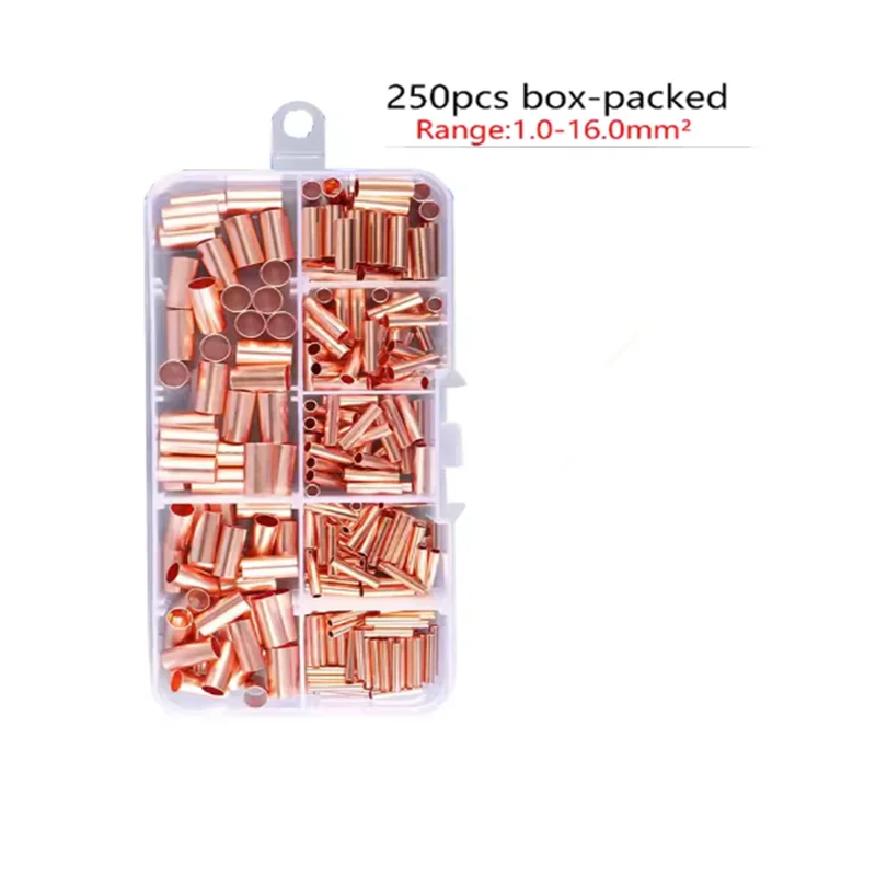 250pcs GT Copper Connecting Pipe Wire Joint Small Copper Tube Terminal Cable Lug Bootlace Ferrule Kit with Crimping Pliers