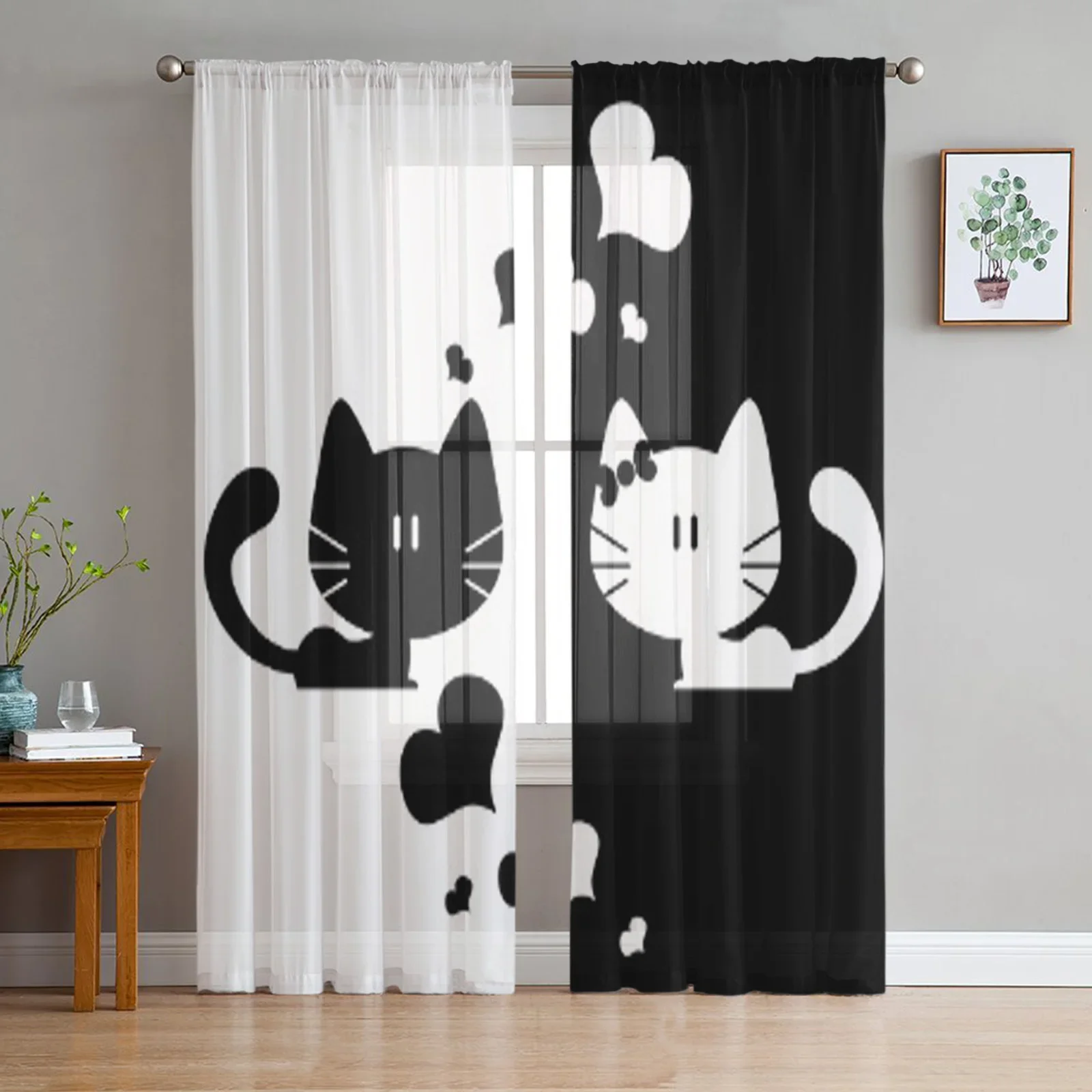 

Cute Couple of Kittens Romantic Tulle Curtains for Living Room Kitchen Window Drapes Home Decor Sheer Curtain for Kids Bedroom