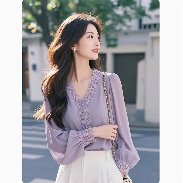 Aospheric パープル レディース irt 春夏新作 Sle V-Ne ランタン Sve シフォン ユニークで美しい小さなトップ