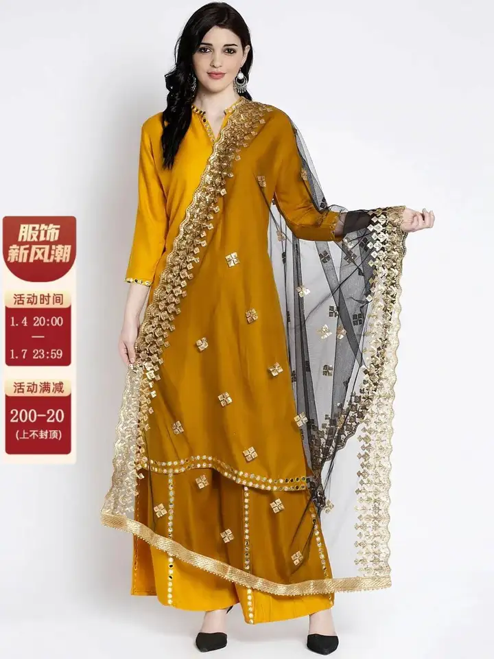 The Red Lion Enterprise Festive Wear Ensemble kurta romain en soie avec pantalon et dupatta jacquard – Costume traditionnel pour femme, Blanc