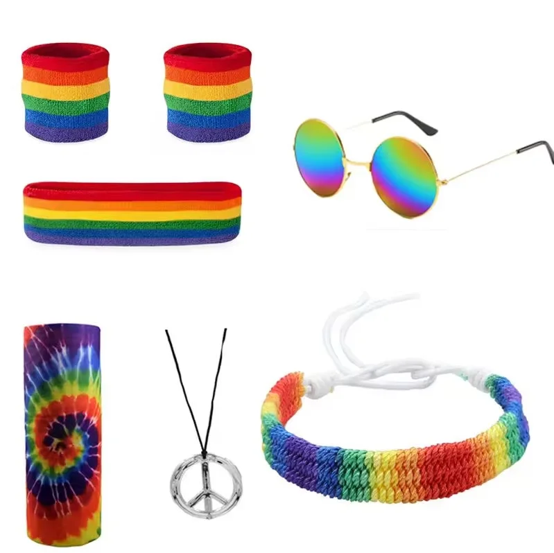 PESENAR Hippie Costume for Men Momen 60s 70s Colorful T-Shirt 5 PCS Accessories Set for Theme Party