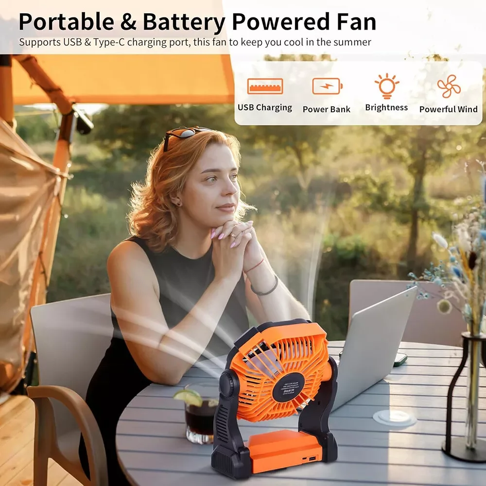 Portable Outdoor Camping Fan With LED Lantern USB Rechargeable Battery Powered Tent Fan Long-lasting Power Summer Cooling Tools