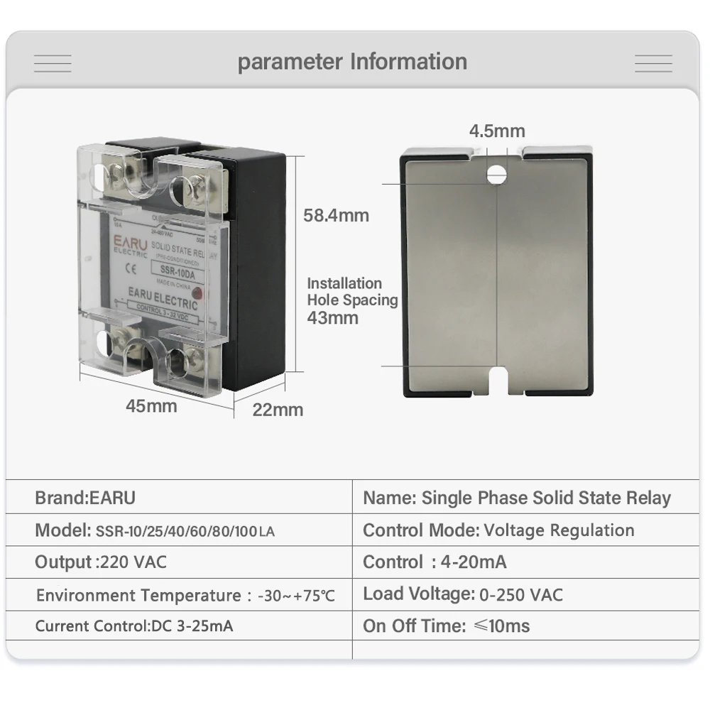 SSR-10LA SSR-40LA SSR 25A 60A 80A Single Phase Solid State Relay Voltage Regulator Intelligent Module Input 4-20mA Output 220VAC