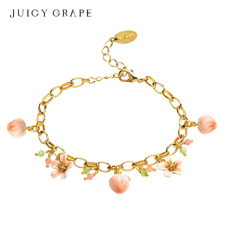 JUICY GRAPE18K Gold-Plated Women's Charm Bracelet Sweet and Lovely Peach and Peach Blossom Adjustable Handcrafted Enamel Jewelry