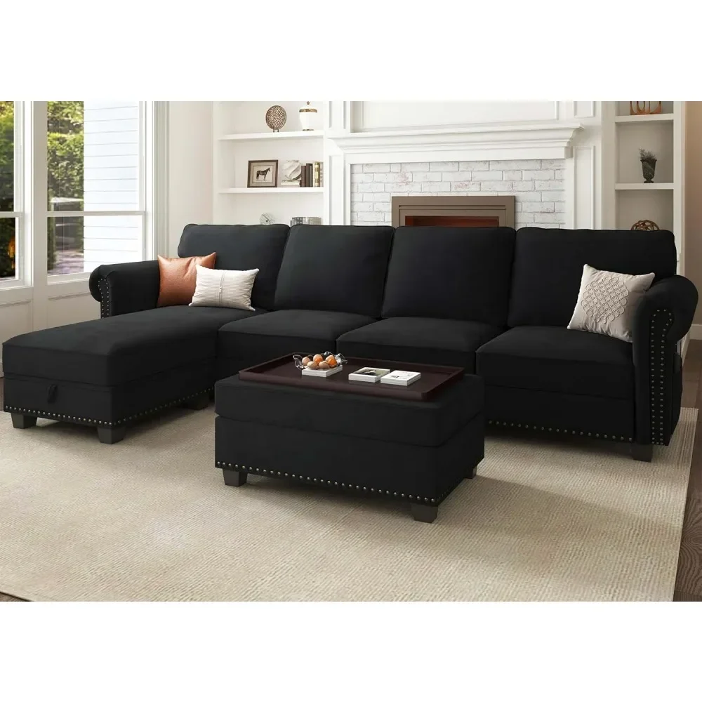 

Velvet Sectional Sofa Set, L Shaped Sectional Couch with Storage Tray Ottoman Convertible 4 Seater Sofa Couch for Living Room