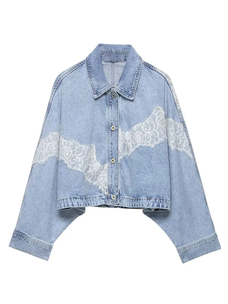Women Elegant Floral Lace Splicing Denim Jackets Button Batwing Sleeve Cropped Coat Loose Casual Woman Chic Oversized Outwear view 6