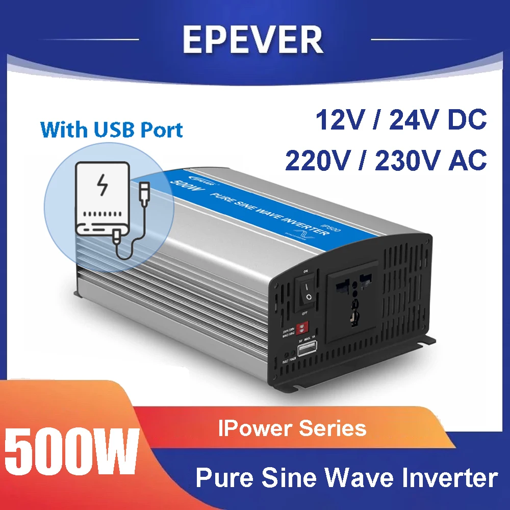 EPEVER 500W Pure Sine Wave Inverter 12V/24V DC Input 220V 230V AC Output Solar PV Panel Off Grid Tie Inverter IPower IP500-12/22
