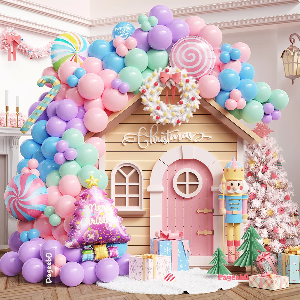 112Pcs Christmas Pink Purple Blue Balloon Garland Kit Christmas Tree Candy Cane Foil Balloon Christmas New Year Party Decoration