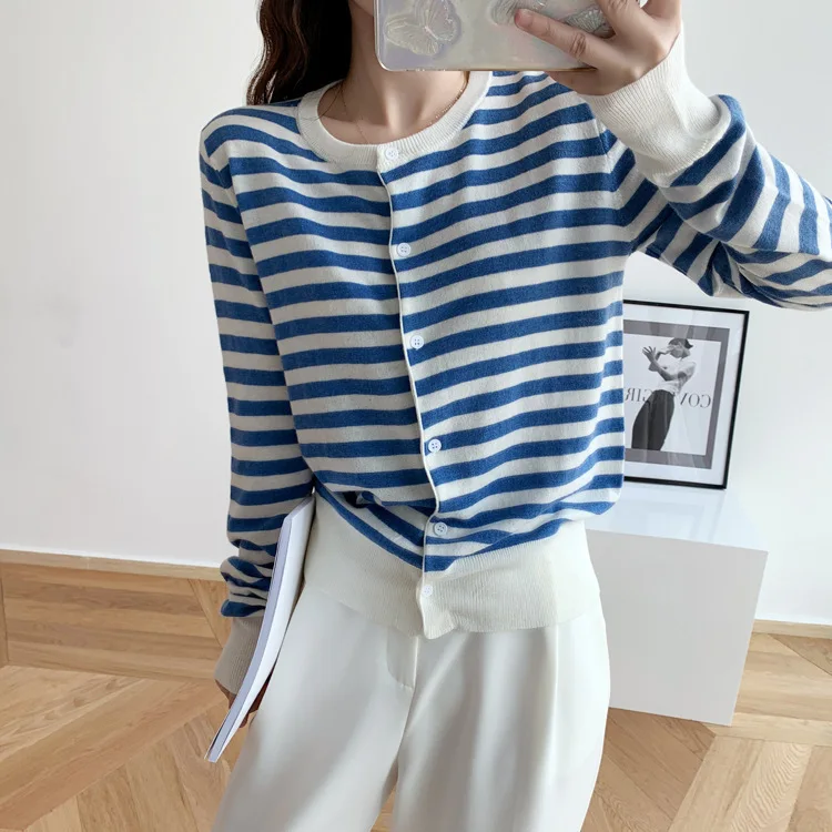 1608 Jesień Zima Nowy Sweter Rozpinany z Okrągłym Dekoltem w Paski, Luźny, Swobodny, z Kaszmiru, Dzianinowy, Płaszcz, Koszula Chroniąca przed Słońcem