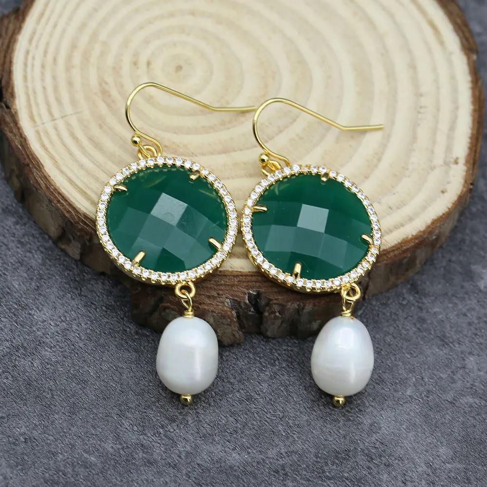 Boucles d'oreilles crochet pendantes pour dames, perle d'eau douce naturelle, perle de riz blanche, perle verte, diversifier, pièce de monnaie pavée CZ, cadeaux simples, 227