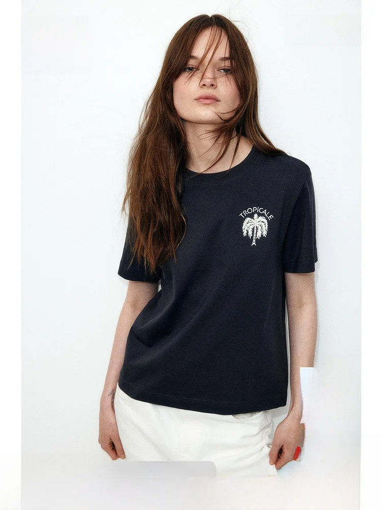 H&M Damen-T-Shirt, lockere Passform, S Sve, rundes Ne-Druckmuster, amerikanisches SLE-Freizeitoberteil für den Frühling 2025,