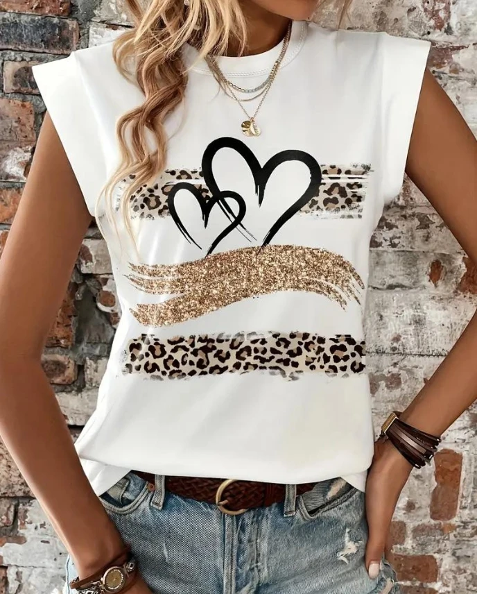 

Одежда с круглым вырезом и рукавами, топ с леопардовым принтом и сердечками, футболка с короткими рукавами, повседневная свободная майка для женщин