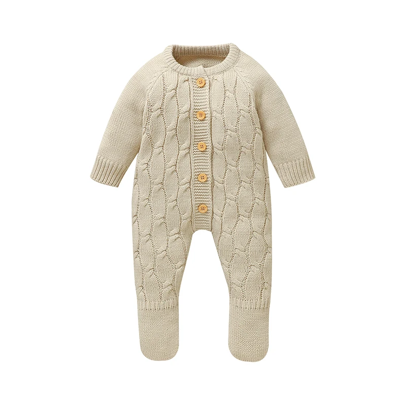 Winter Baby Jungen Strampler Kleidung Beige Rundhals Volle Hülse Gestrickte Neugeborenen Pullover Overalls Einteilige Kleinkind Outfits