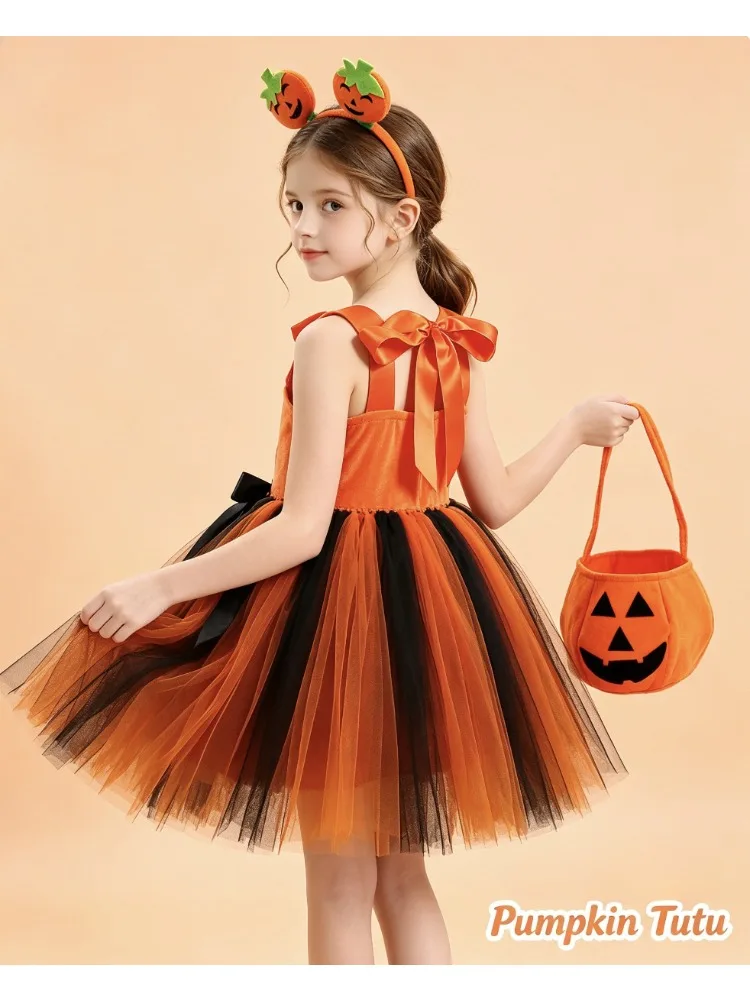 

Halloween Ghost Accessory 3pc Tutu Dress Kid Candy Bag Pumpkin Mesh Skirt Children Stage Dance Outfit All Saints Day Party Fancy
