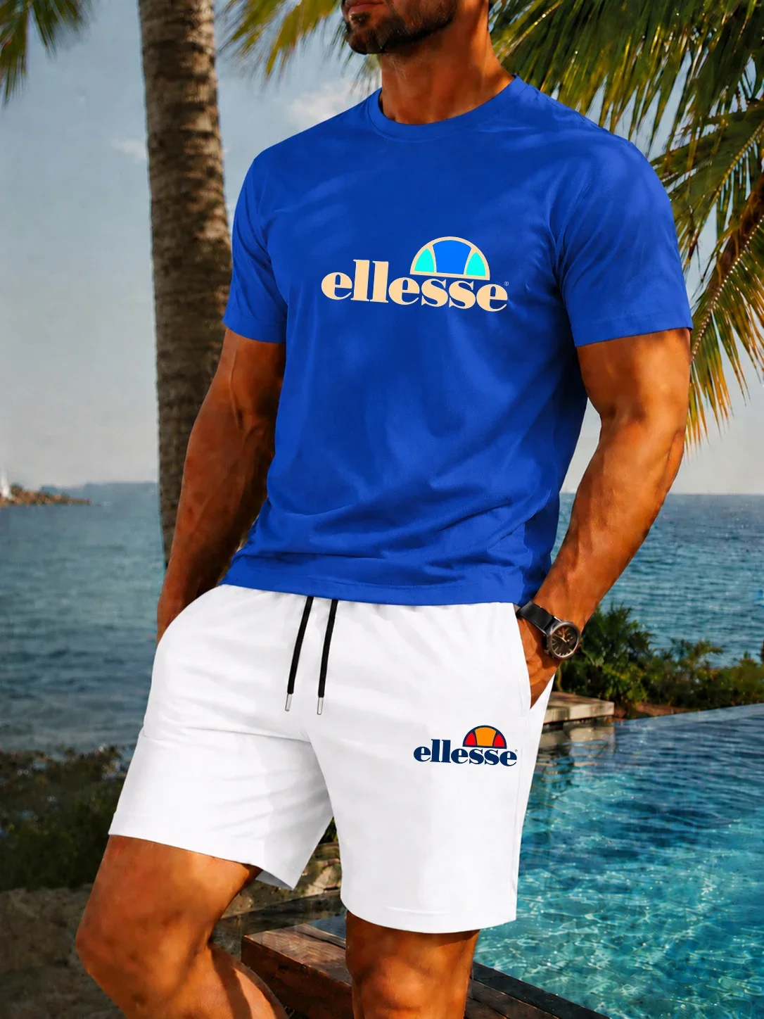 New Summer Casual and Fashionable Men's Classic Round Neck Breathable T-Shirt Paired with Shorts Outdoor Fitness Two-Piece Set view 3